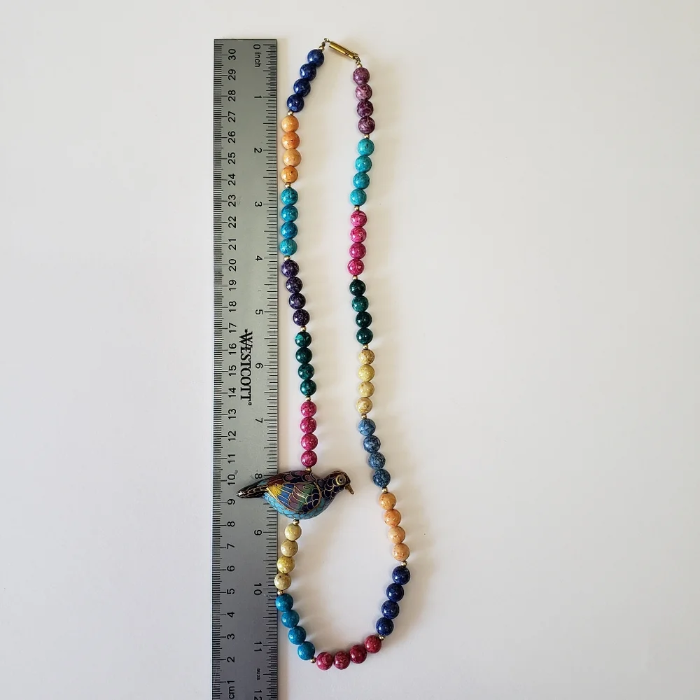 Vintage 1960's Gold Tone clasp, Multi Bead, Cloisonne Bird Necklace, - Picture 3 of 11
